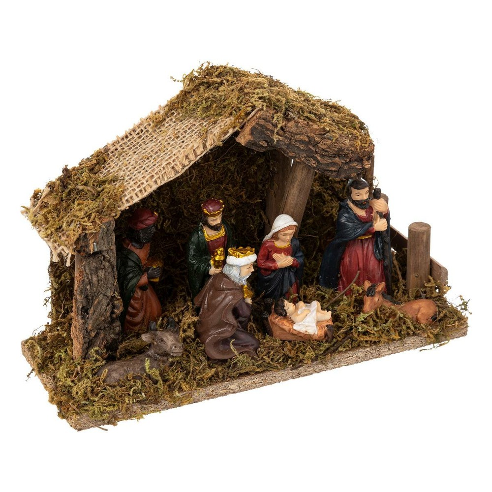 Crèche de noël à led avec 7 santons 20x13cm résine et bois