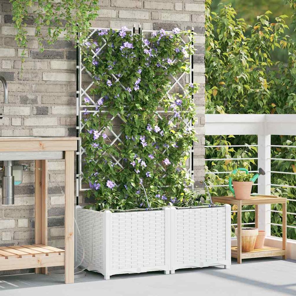 Grande jardinière brise-vue acier avec treillis et irrigation blanc 80x40x142 cm