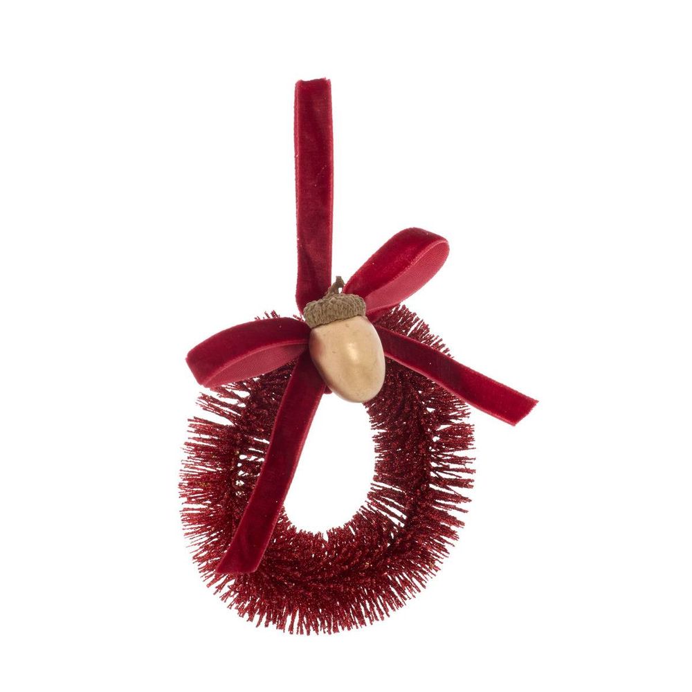 Suspension de sapin couronne de glands en plastique rouge et or d. 10 cm