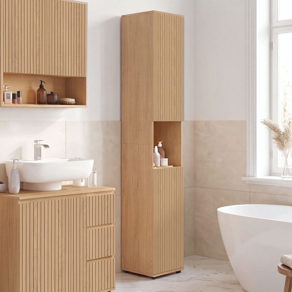 Meuble colonne salle de bain victor 2 portes 1 niche effet lattes