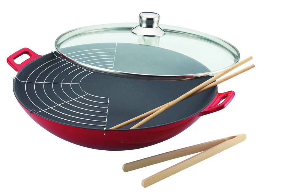 Wok en fonte - rouge - couvercle verre - ø36cm - baumalu