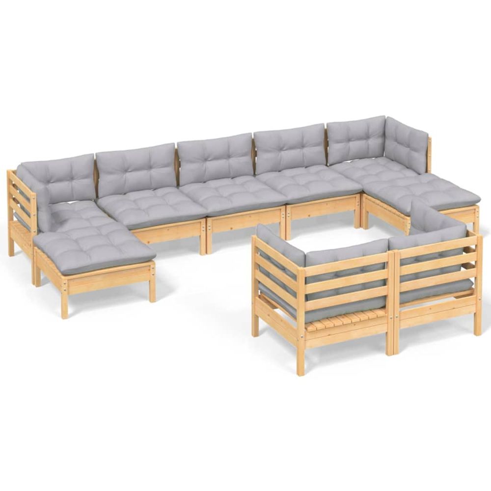 Salon de jardin 9 pcs avec coussins gris bois de pin massif