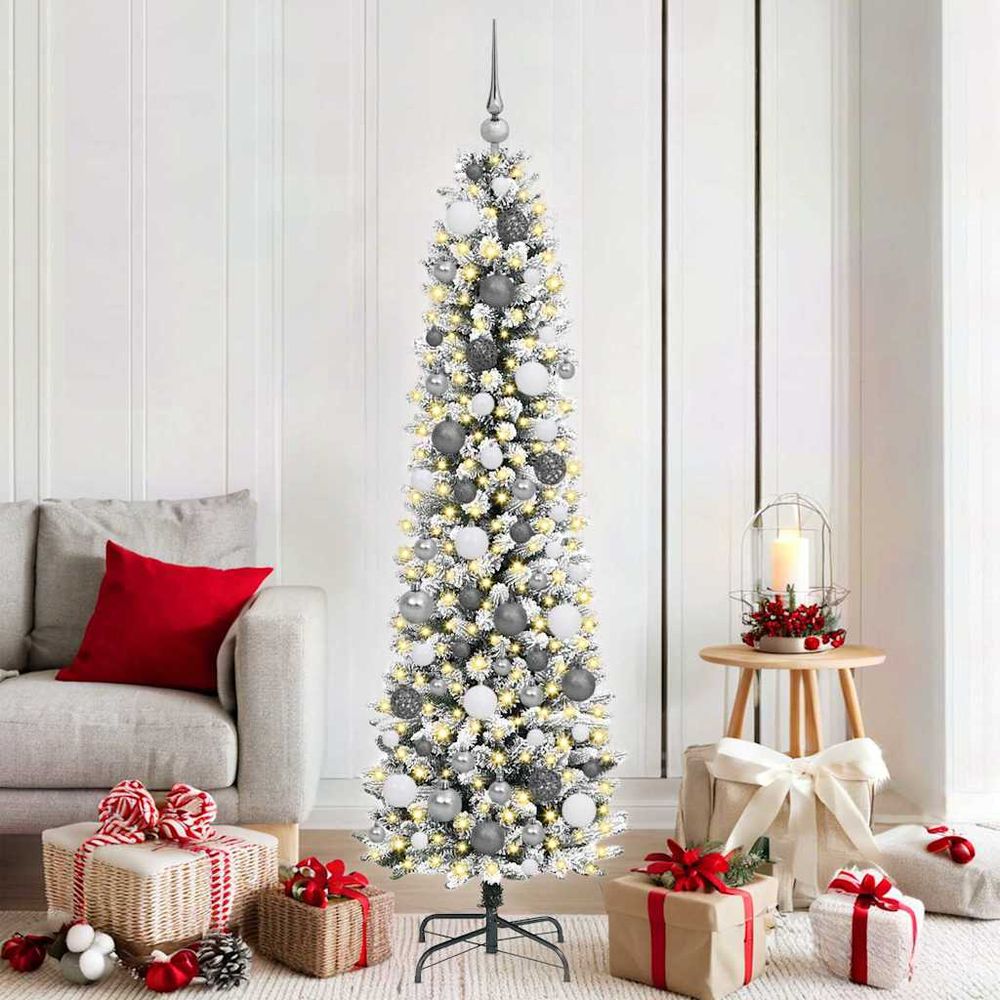 Sapin de noël design conique blanc 180 cm, kit lumineux avec 300 led et 120 boules