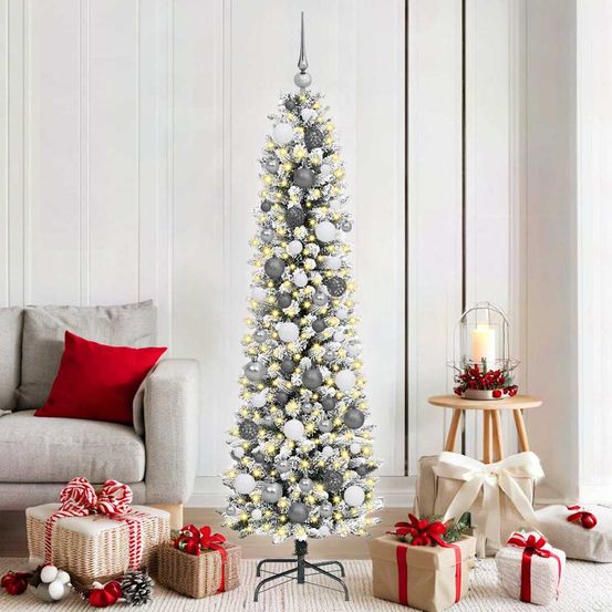 Sapin de noël design conique blanc 180 cm, kit lumineux avec 300 led et 120 boules