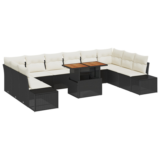 Ensemble de sofa de jardin 11 pièces avec coussins noir rattan poly