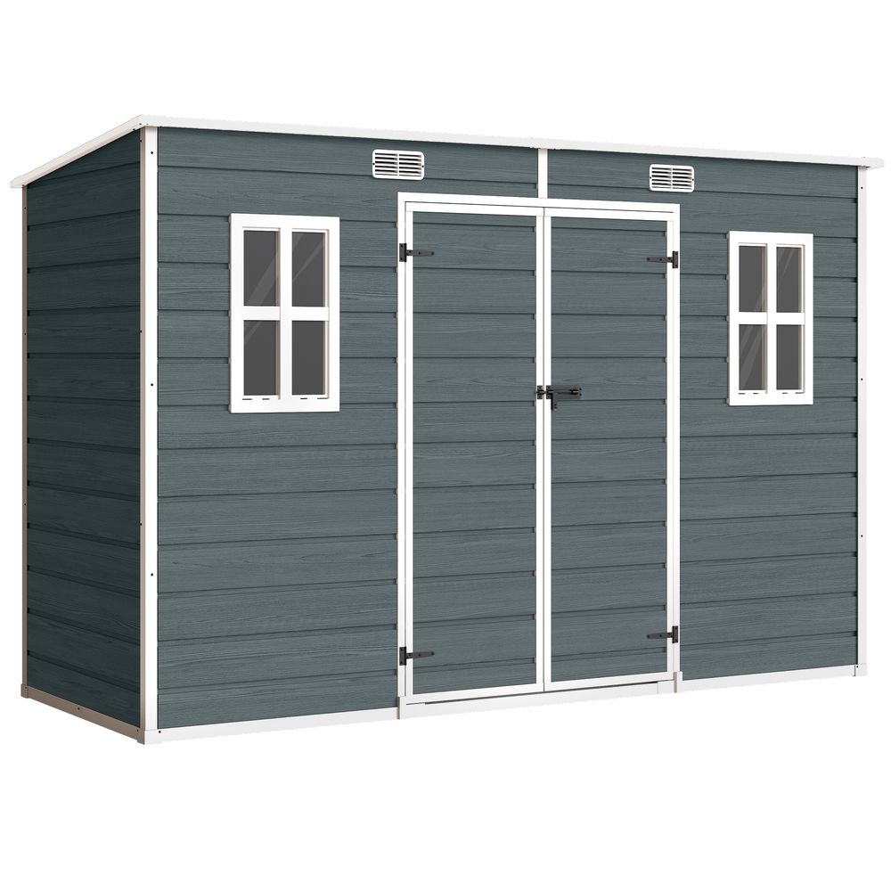 Abri de jardin 3,2 m² portes verrouillables plancher fenêtres aérations résine pp effet bois gris blanc