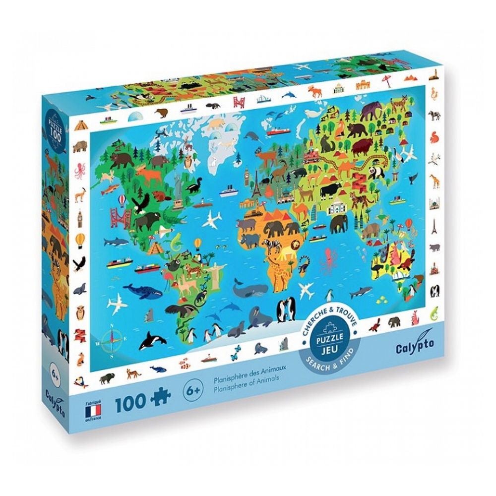 Puzzle 100p planisphere des animaux - cherche et trouve