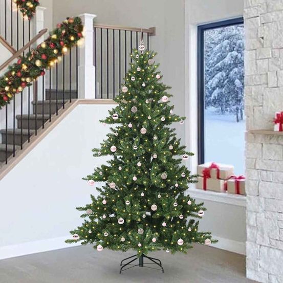 Arbre de noël artificiel 240 cm pour salon, kit complet avec guirlande led et boules