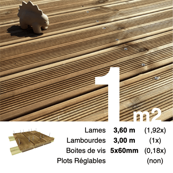 Kit terrasse pin autoclave marron pour 1 m², lames 3,6 m, lambourdes 3 m et visserie inox.