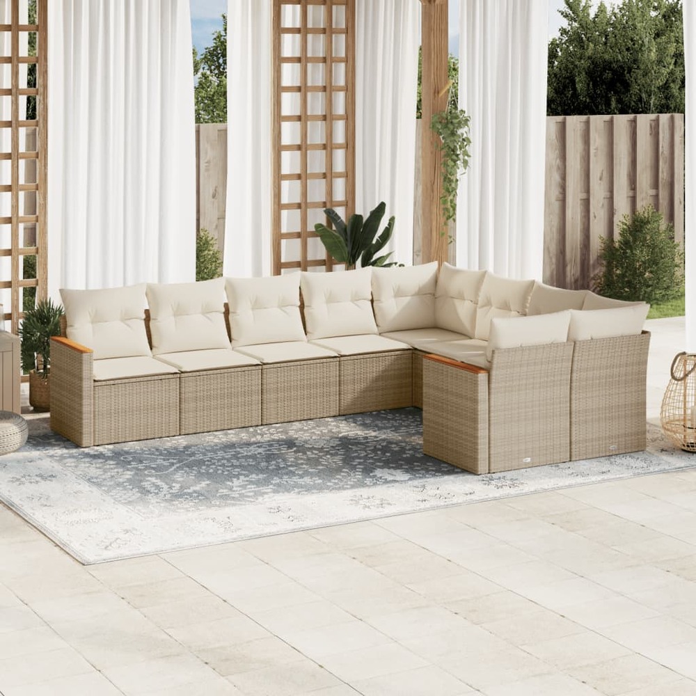 Salon de jardin avec coussins 9 pcs beige résine tressée