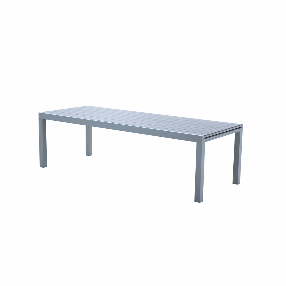 Table tulum10/14 personnes structure blanche, plateau en aluminium décors bois gris