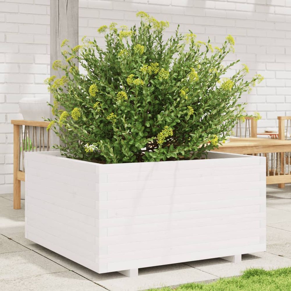 Jardinière carrée bois massif pour jardin terrasse balcon blanc 90x90cm