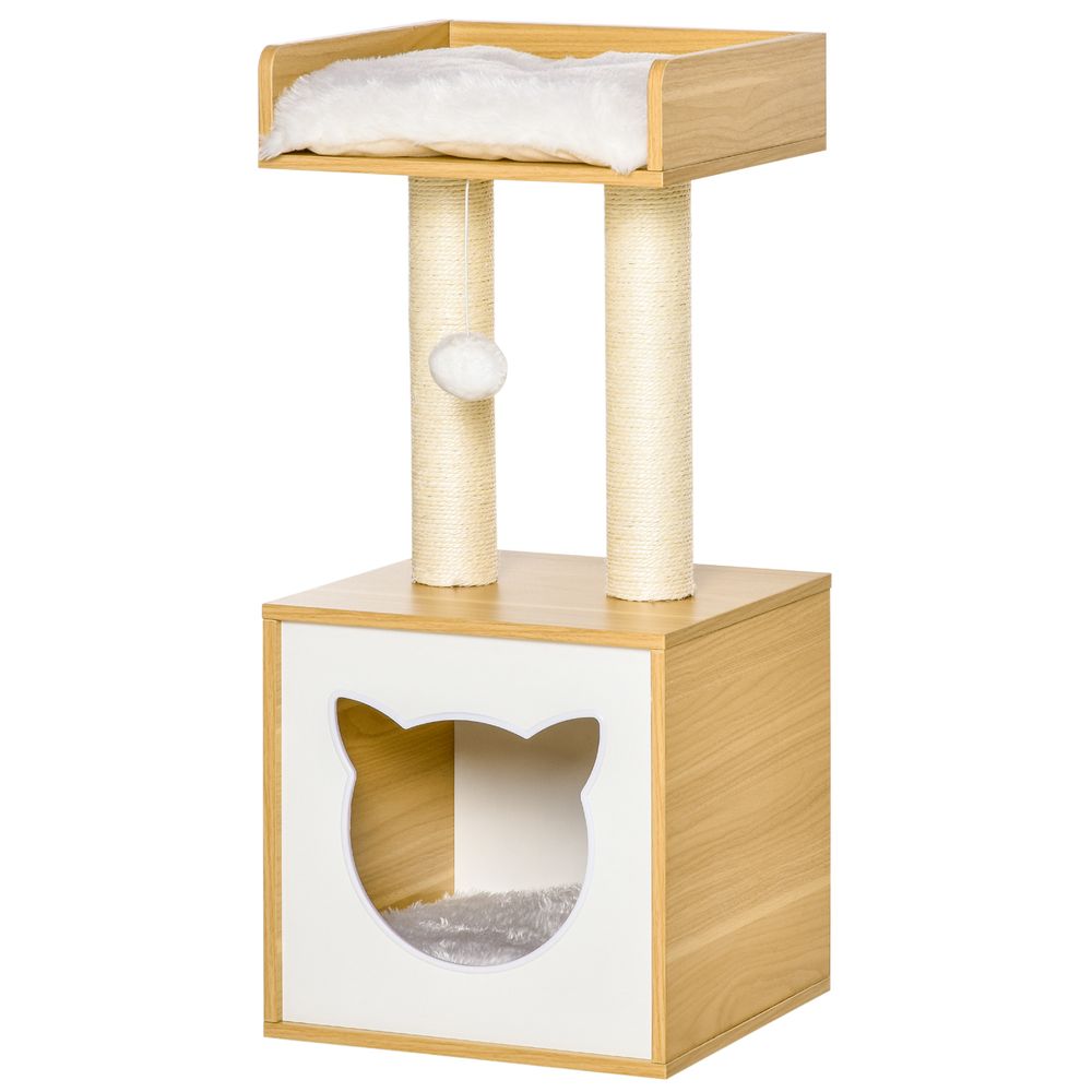 Arbre à chat moderne 2 niveaux niche et lit coussins lavables chêne et blanc 81 cm