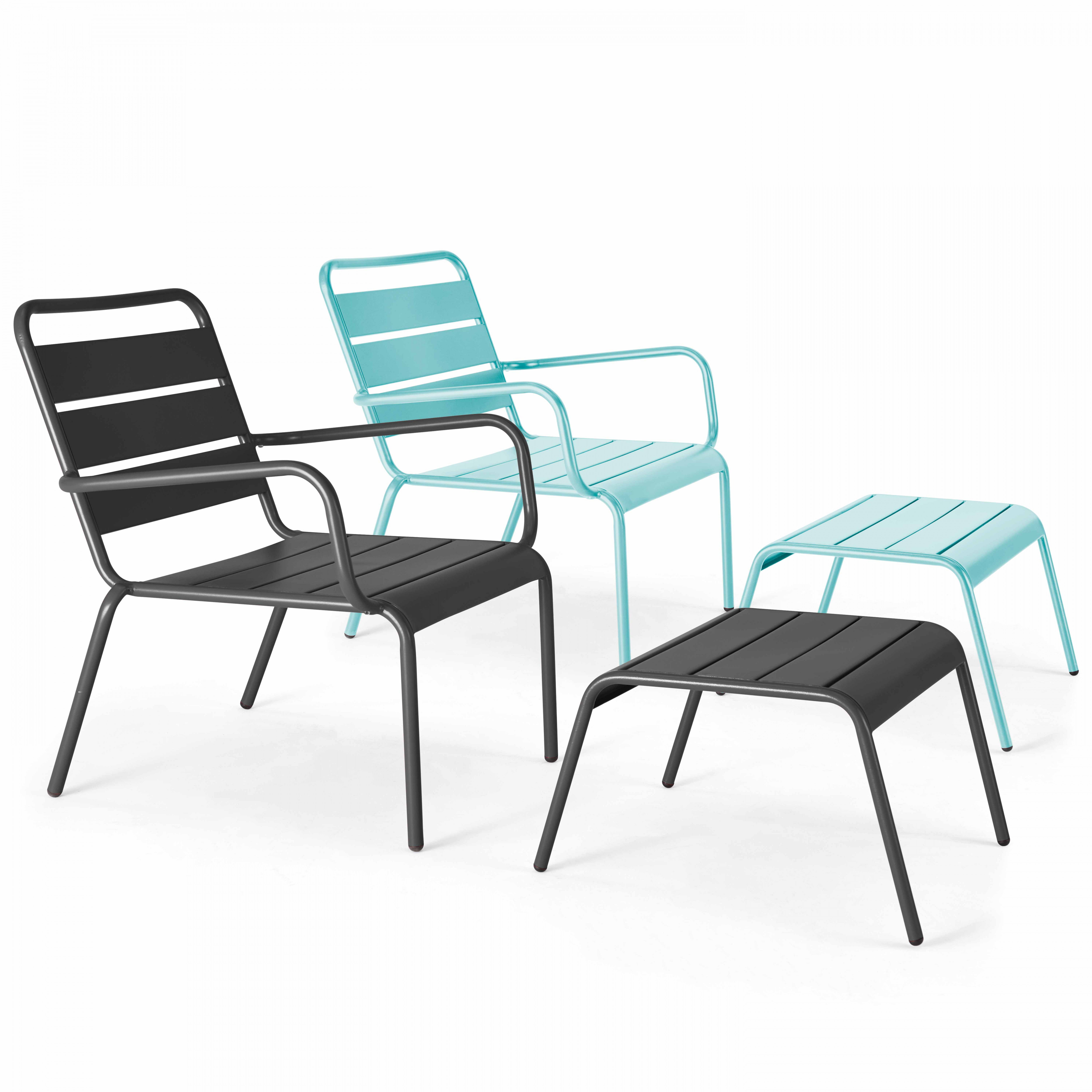 Lot 2 fauteuils relax avec repose-pieds métal gris et turquoise