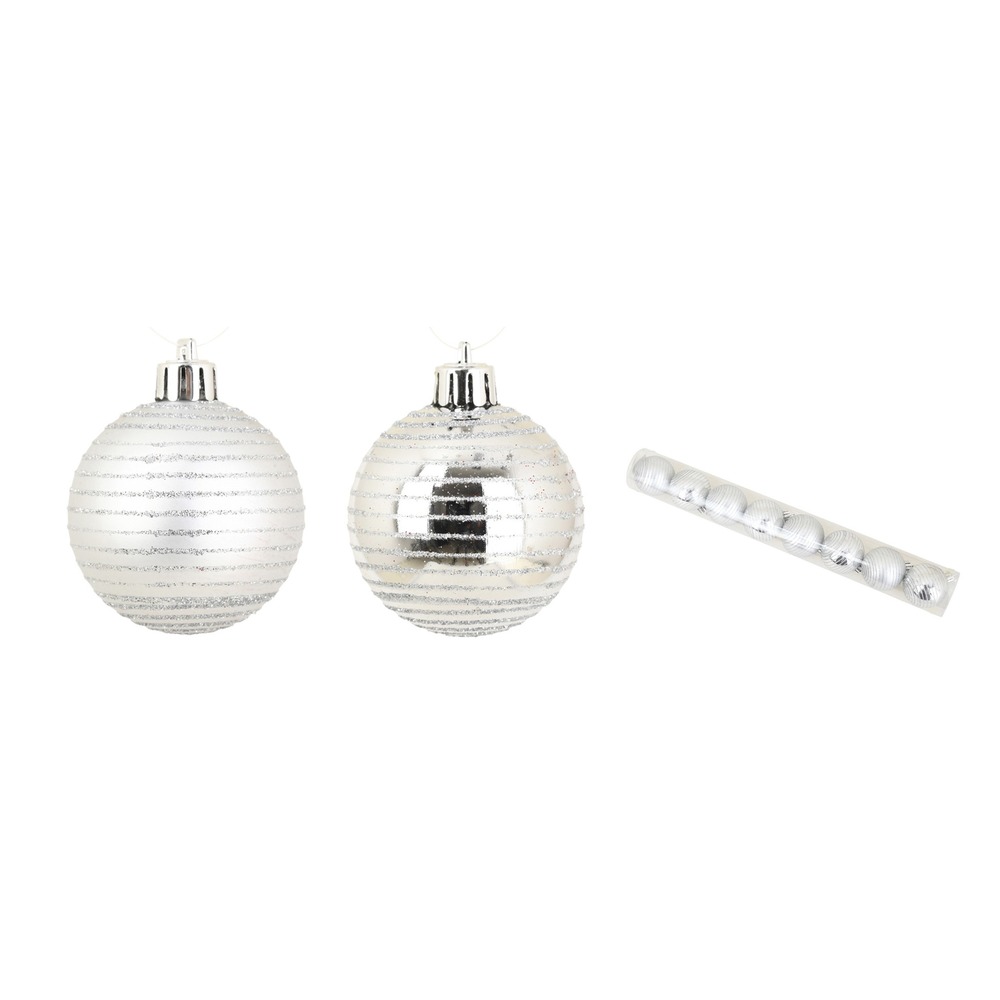Set de 8 boules de noel decor raye argent