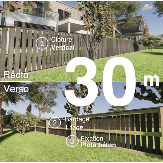 Kit clôture bois moderne 30m – h 0,9m – 20 x 70 mm noir par trempage – pose vertical – simple face – à sceller
