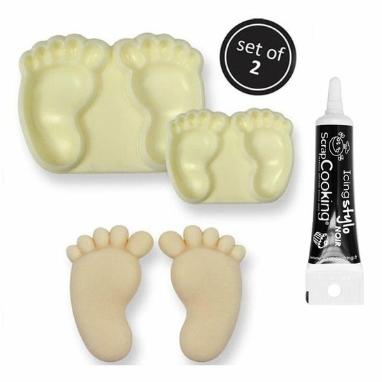 Moules pâte à sucre pieds de bébé + stylo de glaçage noir