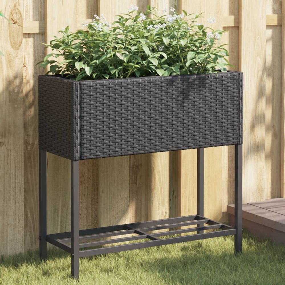 Jardinière haute résine tressée balcon avec étagère de rangement 70x28x70 cm noir