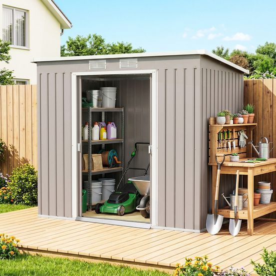 Cabane de jardin acier extérieur stockage outils toit incliné 213x130cm gris - comfortxl outdoor living