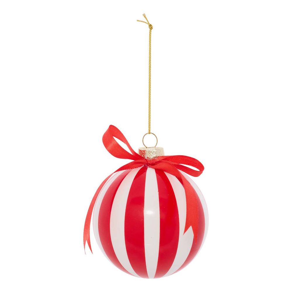 Boule de noël motif nœud en verre rayée rouge et blanc d. 80 mm