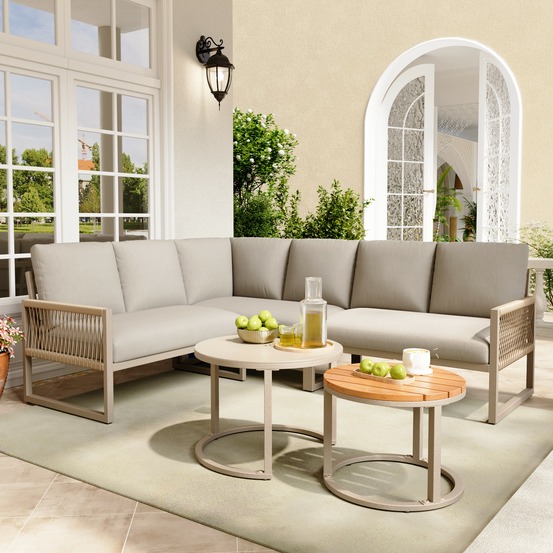 Salon de jardin d'angle pour 6 à 7 personnes, structure en acier galvanisé, pieds réglables, coussins inclus, beige