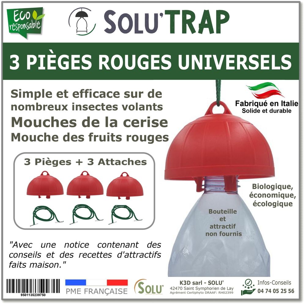 3 pieges rouge universel pour mouches des fruits et mouches de la cerise - compatible bouteille plastique - solutrap