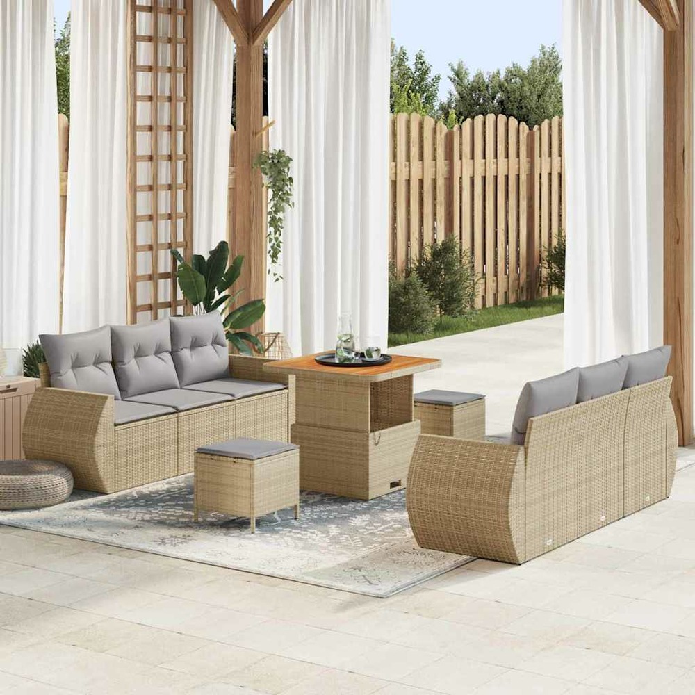 Ensemble de canapé de jardin avec coussin 9 pcs beige polyrotin