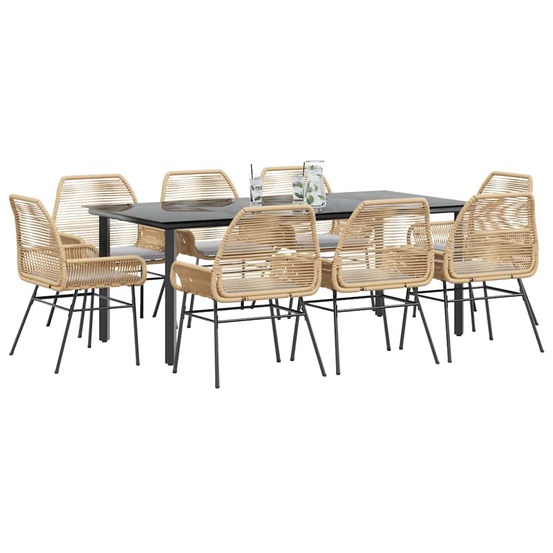 Ensemble à manger jardin coussins 9pcs marron poly rotin verre