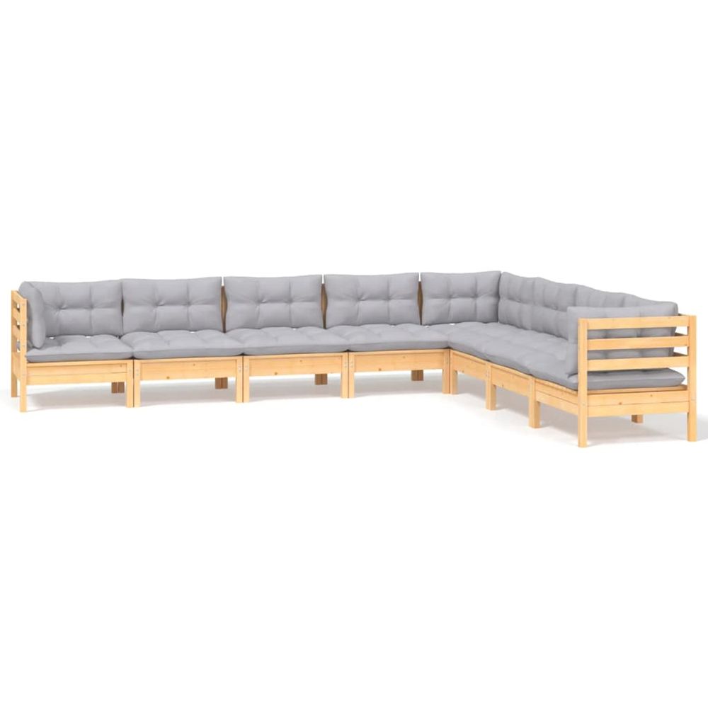 Salon de jardin 8 pcs avec coussins gris bois de pin massif
