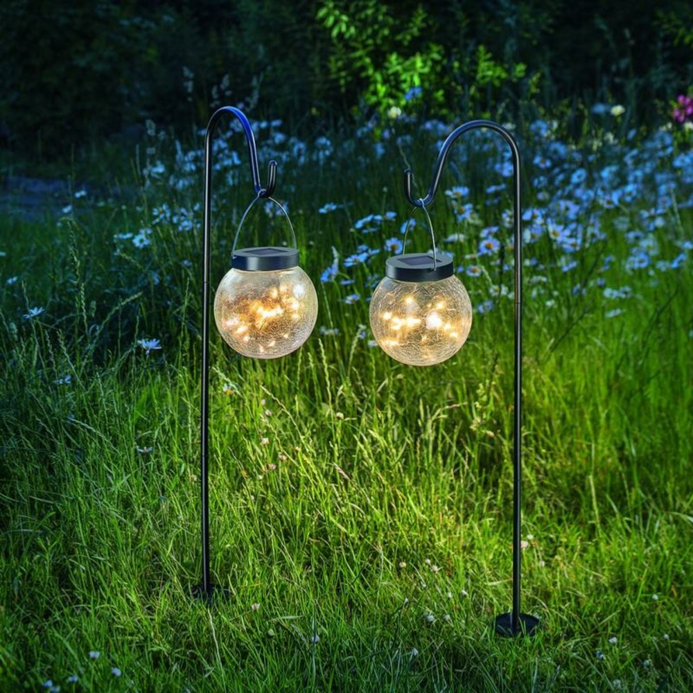 Balise lanterne solaire globe verre craquelé filament led golden globe, lot de 2
