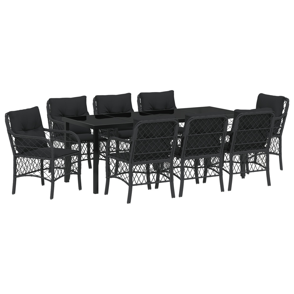 Ensemble de salle à manger de jardin 9 pièces avec coussins noir poly rattan