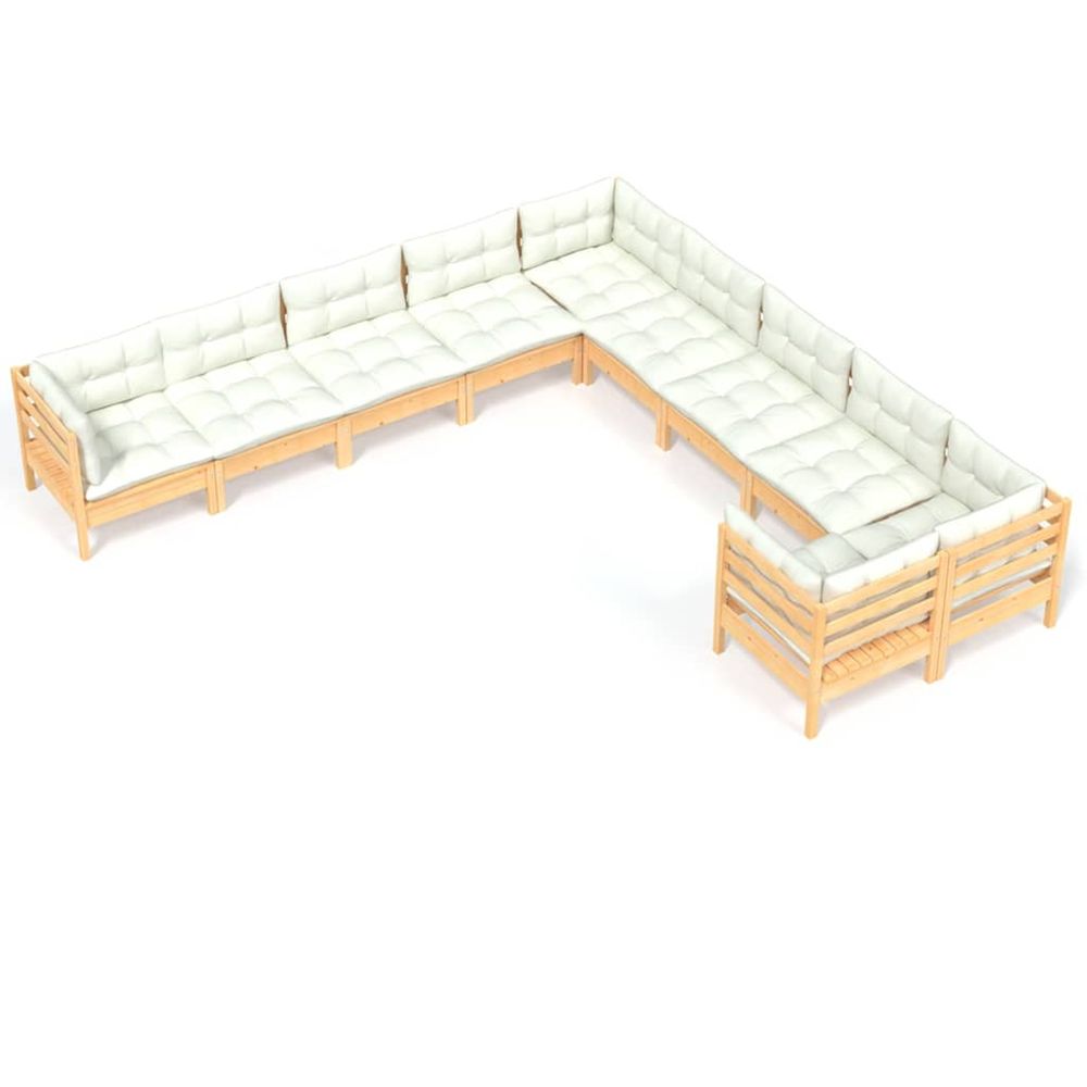 Salon de jardin 10 pcs avec coussins crème bois de pin