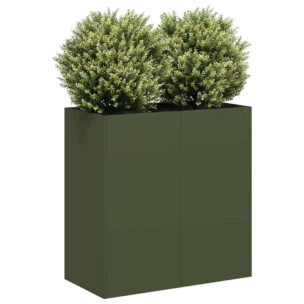 Jardinière haute acier vert olive pour terrasse et jardin 80x40x80 cm