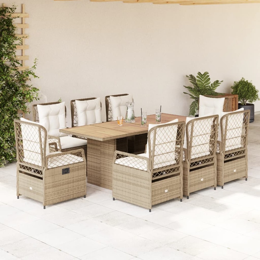 Ensemble à manger de jardin et coussins 9 pcs beige poly rotin