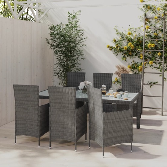 Salon de jardin 7 pcs avec coussins résine tressée gris