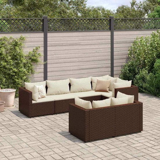 Salon de jardin avec coussins 7 pcs marron résine tressée