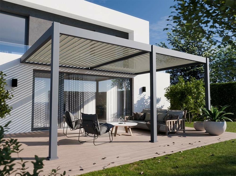 Pergola bioclimatique aluminium adossee 19 m² - 3,6 x 5,3m - gris - lames orientables de 0 à 120 degrés - halo 19