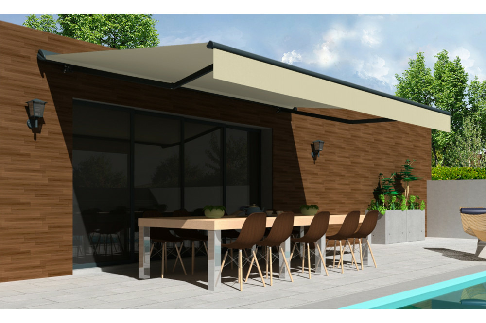 Store banne semi-coffre cover gris anthracite 5x3m motorisé à  télécommande - toile ecrue