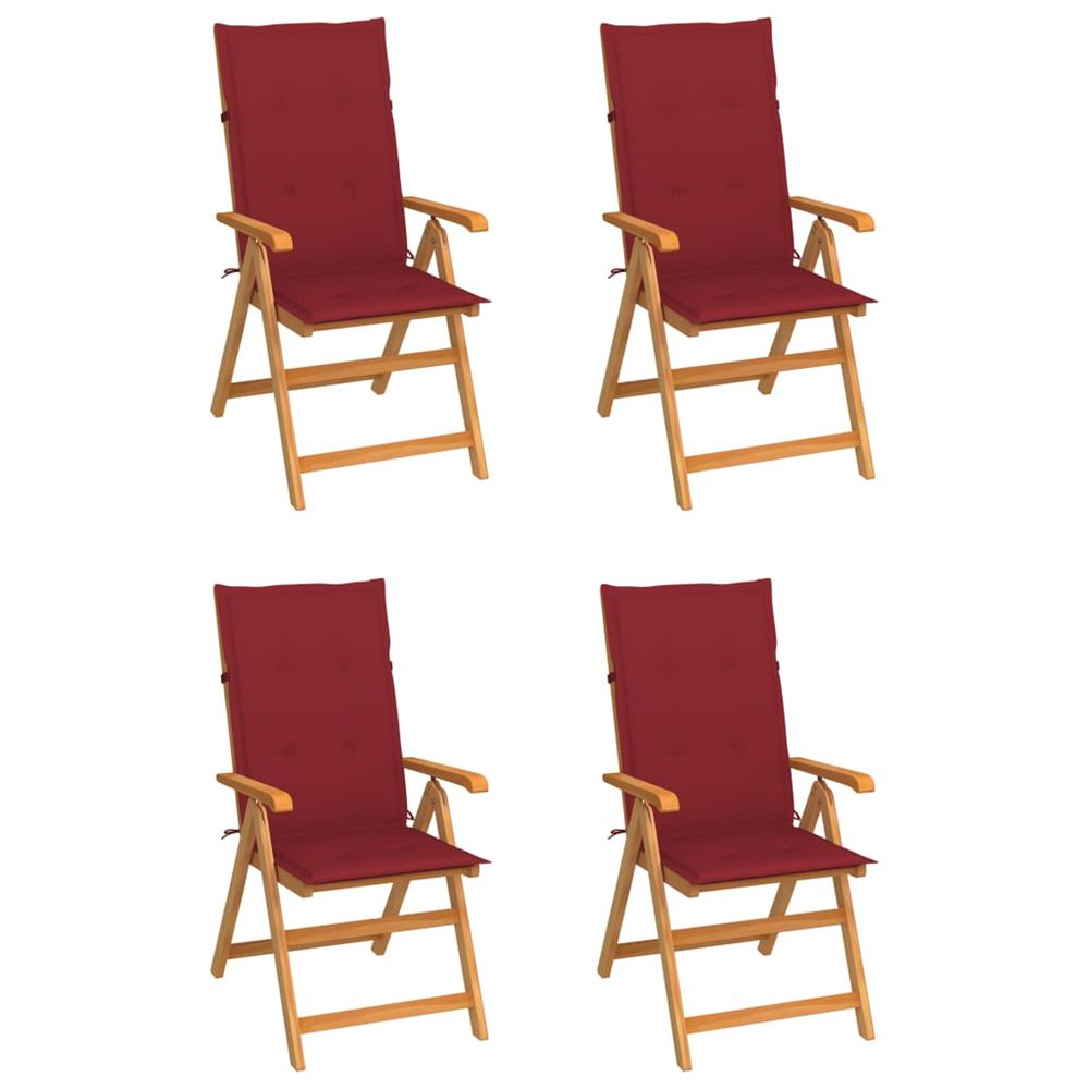 Ensemble de 4 chaises pliantes en teck massif avec coussins rouge bordeaux