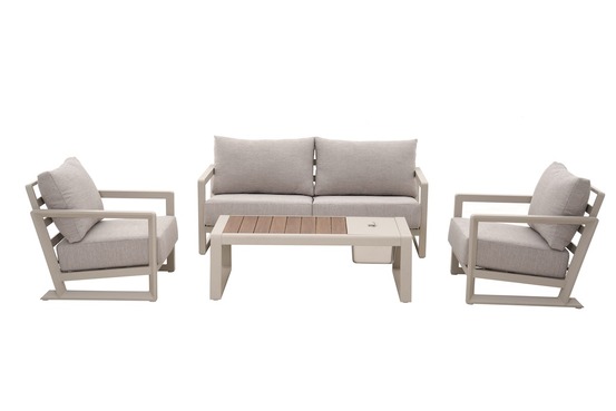 Set 4 pièces - perth - aluminium époxy - crème/chêne - 1 canapé + 2 fauteuils + 1 table basse