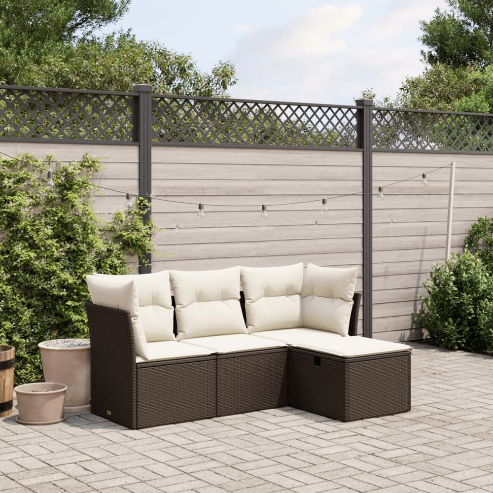 Salon de jardin 4 pcs avec coussins marron résine tressée