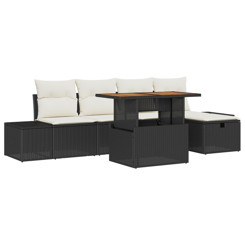 Ensemble de sofa de jardin de 6 pièces avec coussins rattan noir poly