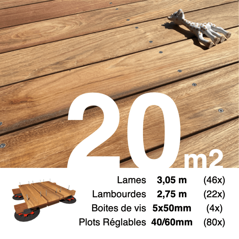 Kit complet terrasse bois exotique jatoba pour 20 m², lames 3,05 m, lambourdes 2,75 m, plots réglables et visserie inox.