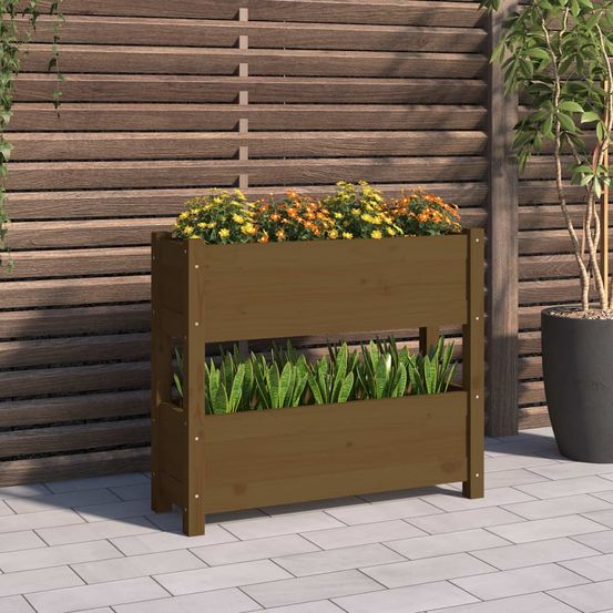 Jardinière à 2 étages en bois de pin couleur miel pour balcon jardin