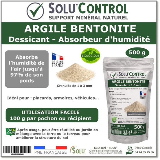 Argile bentonite naturelle - dessicant & absorbeur d’humidité - semoulette 1-3 mm - solu'control - sachet de 500g
