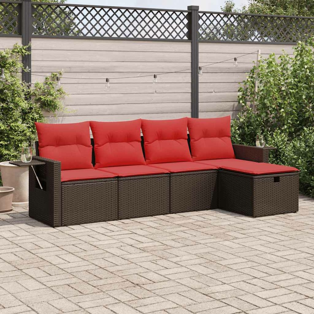 Salon de jardin avec coussins 5 pcs marron résine tressée