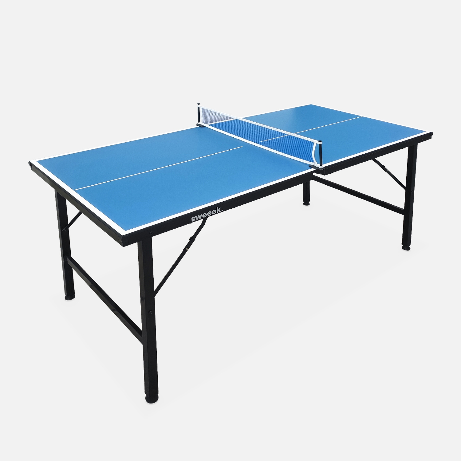 Mini table de ping pong 150x75cm - table pliable indoor bleue. Avec 2 raquettes et 3 balles. Valise de jeu pour utilisation