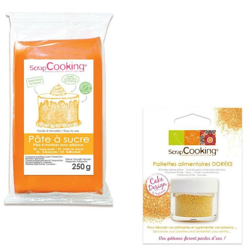 Pâte à sucre orange 250 g arôme vanille + paillettes dorées
