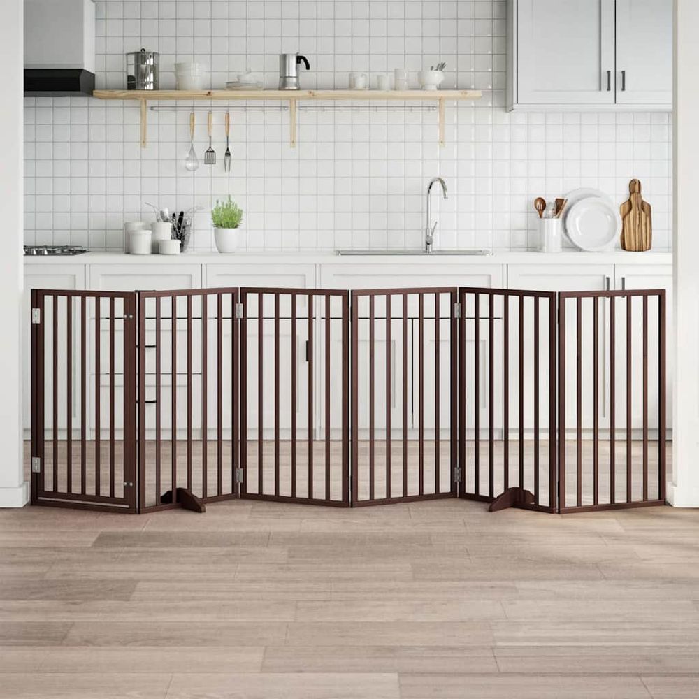 Grand parc chien modulable 6 panneaux bois haut avec porte marron 300x90 cm