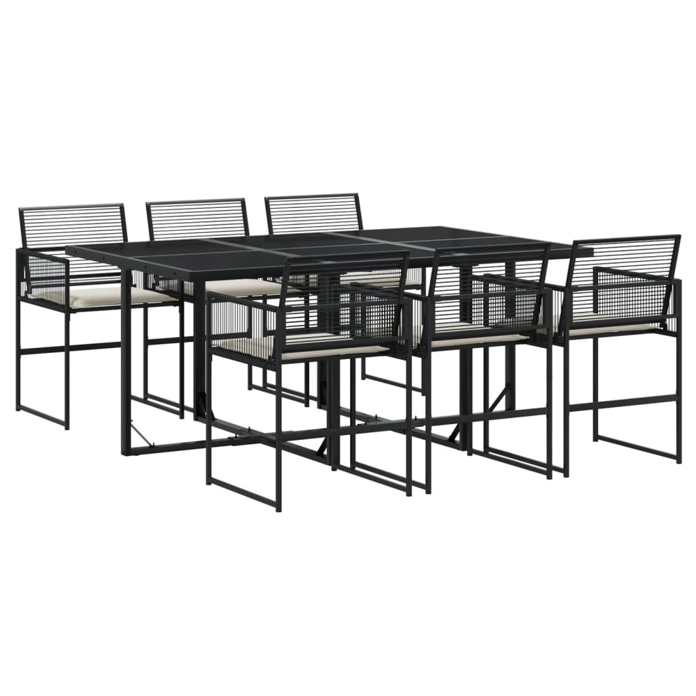 Ensemble à manger de jardin coussins 7 pcs noir résine tressée